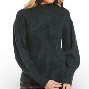 GIANNI BINI Forest Green Sweater Women’s XS Mock Neck Piper Puff Sleeve Ribbed